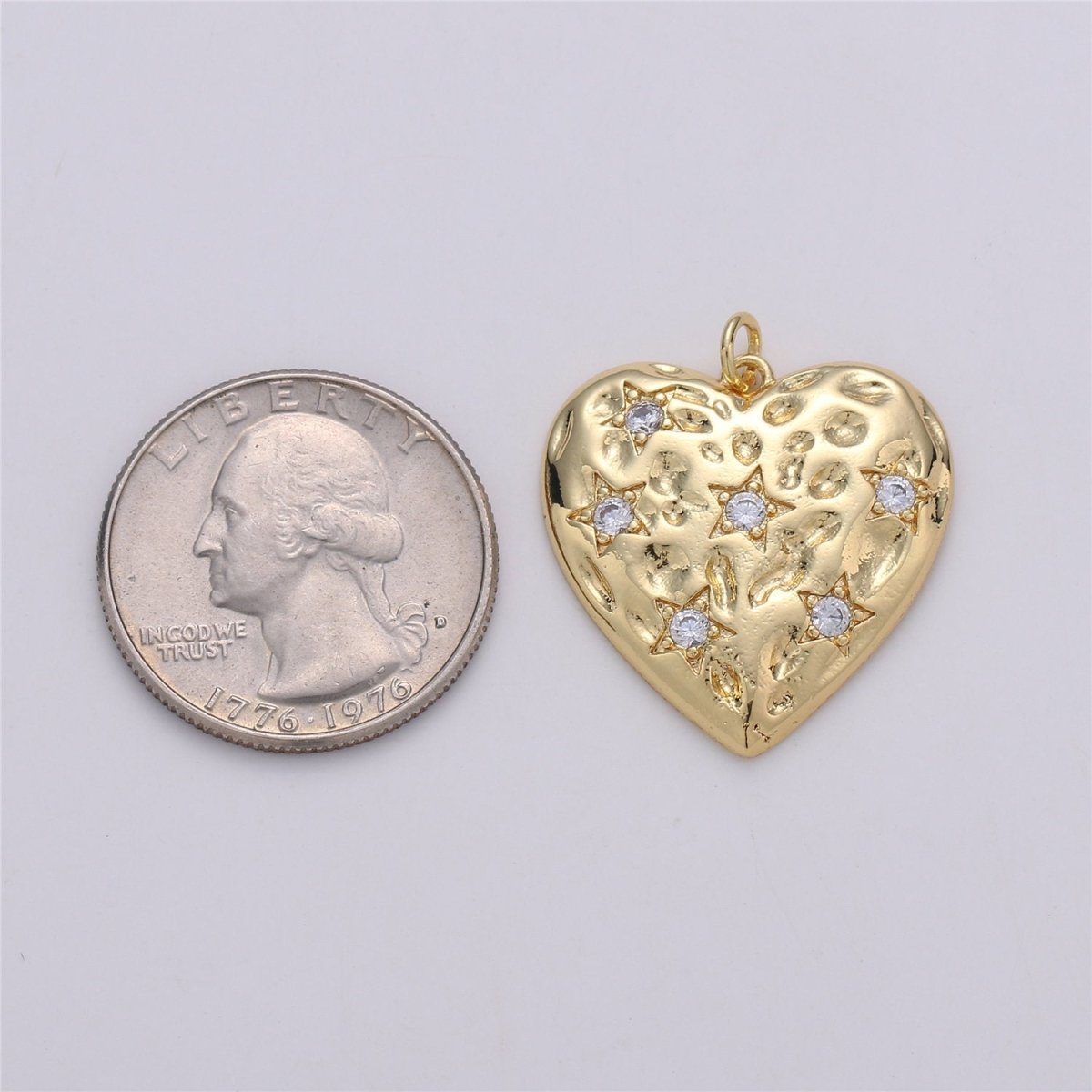 OS 24K Gold Filled Rustic Textured Heart Charm with Micro Pave Little Star Shape Cubic Zirconia CZ Stone for Love Necklace or Bracelet C-864