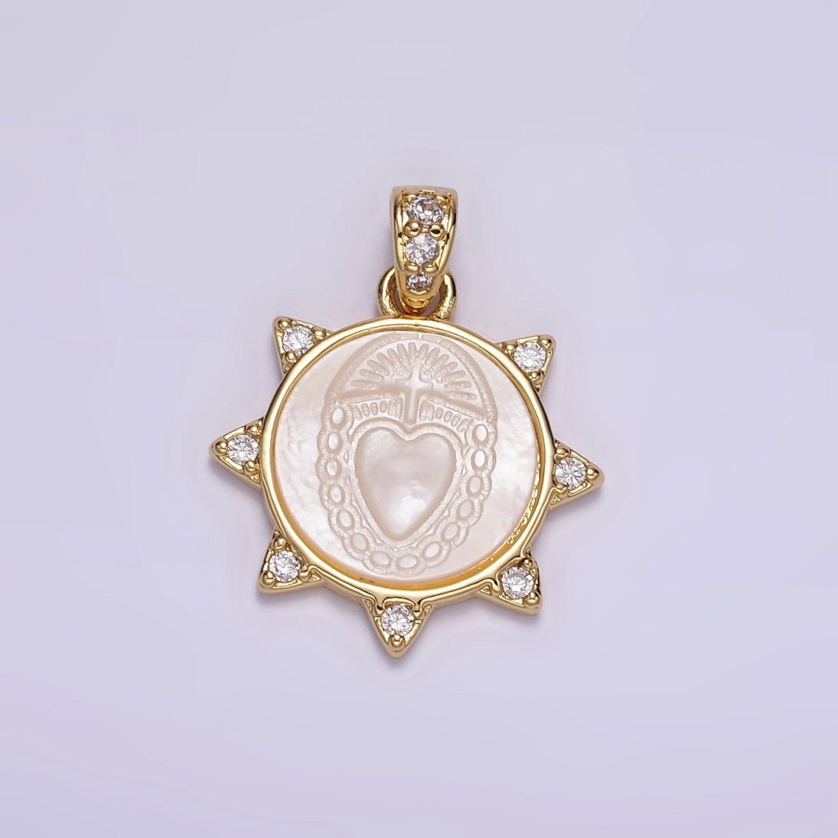 24K Gold Filled Sacred Heart Celestial Sun CZ Shell Pearl Pendant | AA056 - DLUXCA