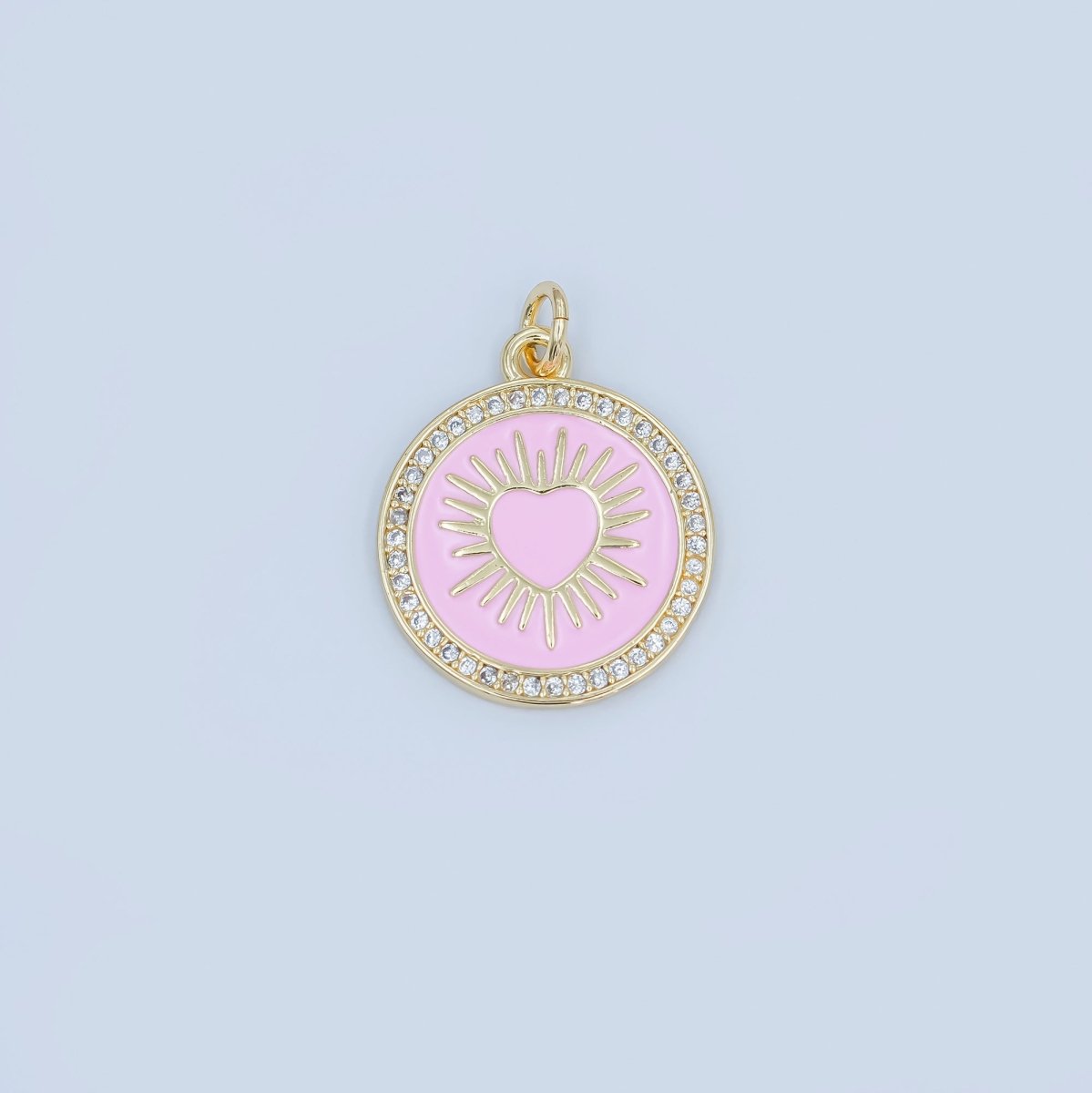 24K Gold Filled Sacred Heart Pink Enamel Micro Paved Round Charm | M185 - DLUXCA