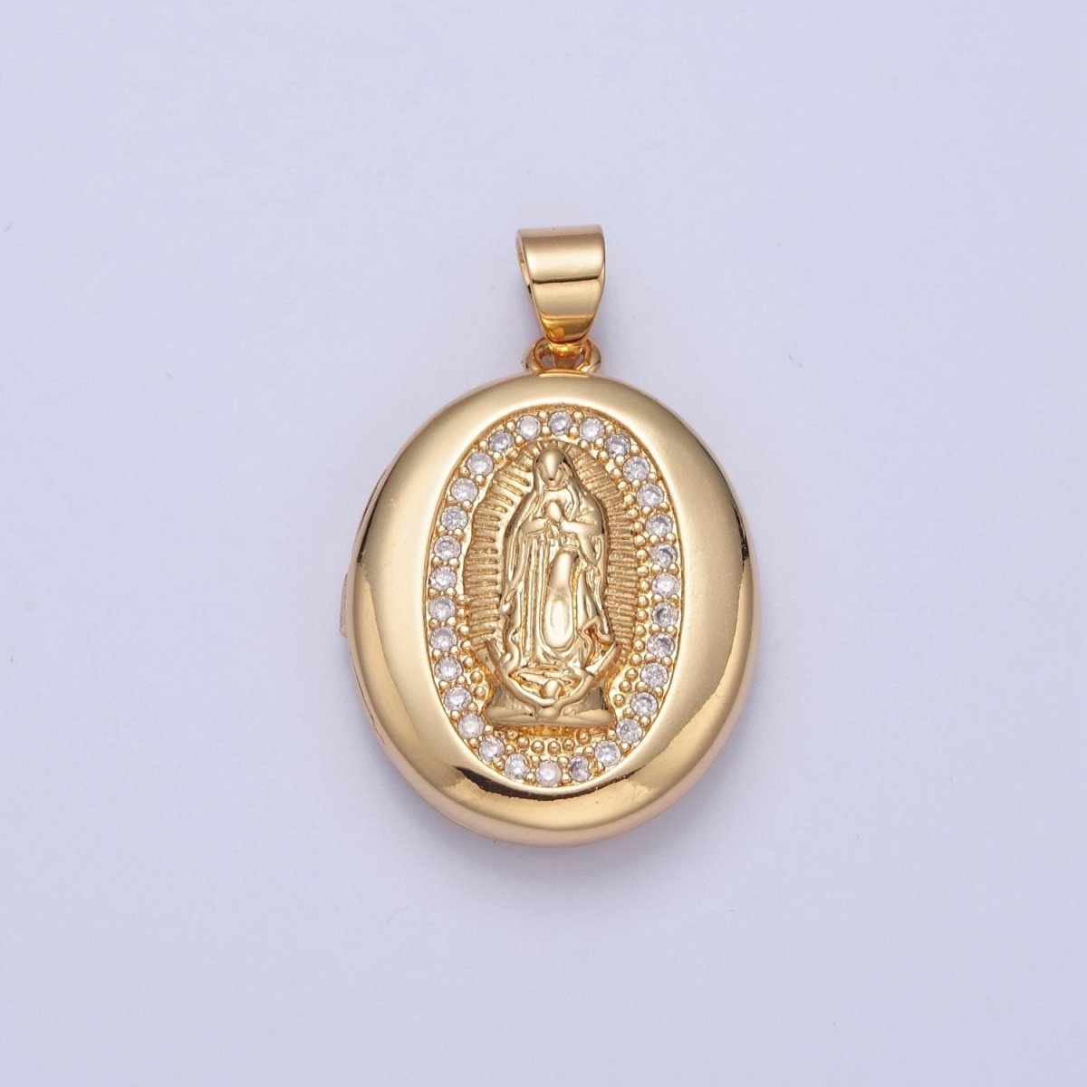 24K Gold Filled Saint Benedict / Virgin Mary Locket Oval Pendant, Micro Pave Clear Cubic Zirconia CZ Religious Jewelry H-092 H-105