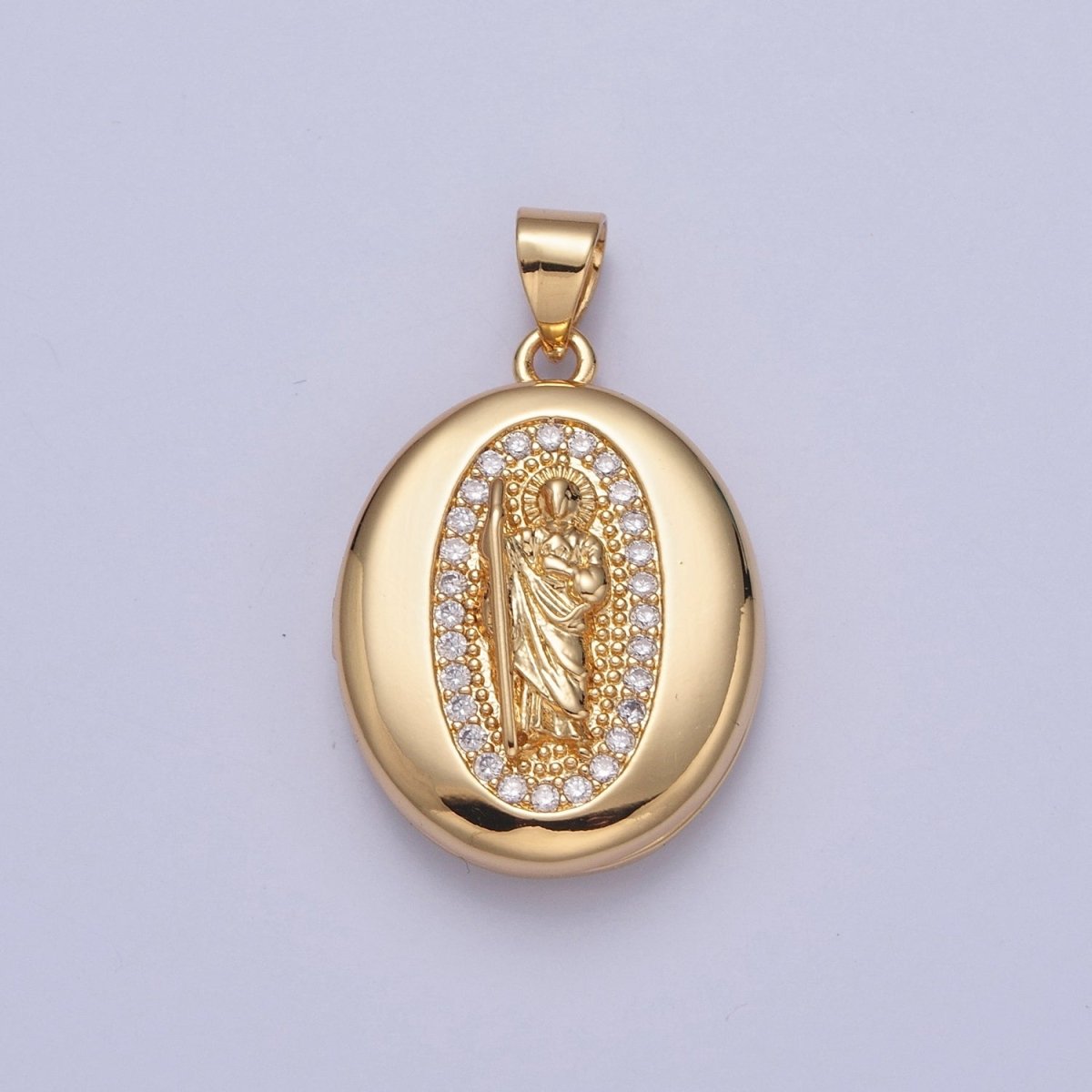 24K Gold Filled Saint Benedict / Virgin Mary Locket Oval Pendant, Micro Pave Clear Cubic Zirconia CZ Religious Jewelry H-092 H-105