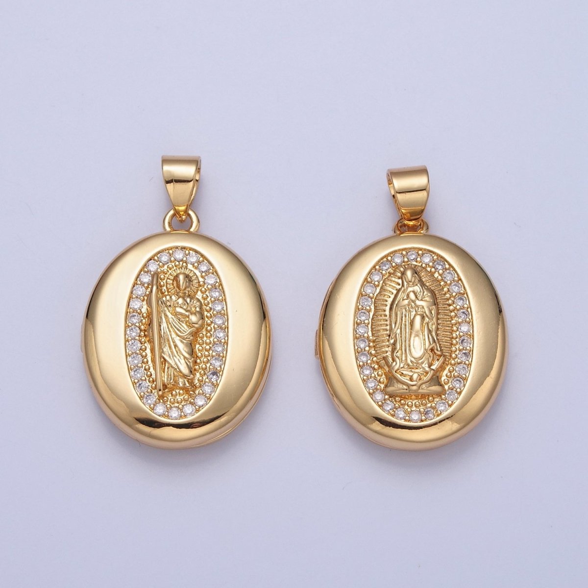 24K Gold Filled Saint Benedict / Virgin Mary Locket Oval Pendant, Micro Pave Clear Cubic Zirconia CZ Religious Jewelry H-092 H-105