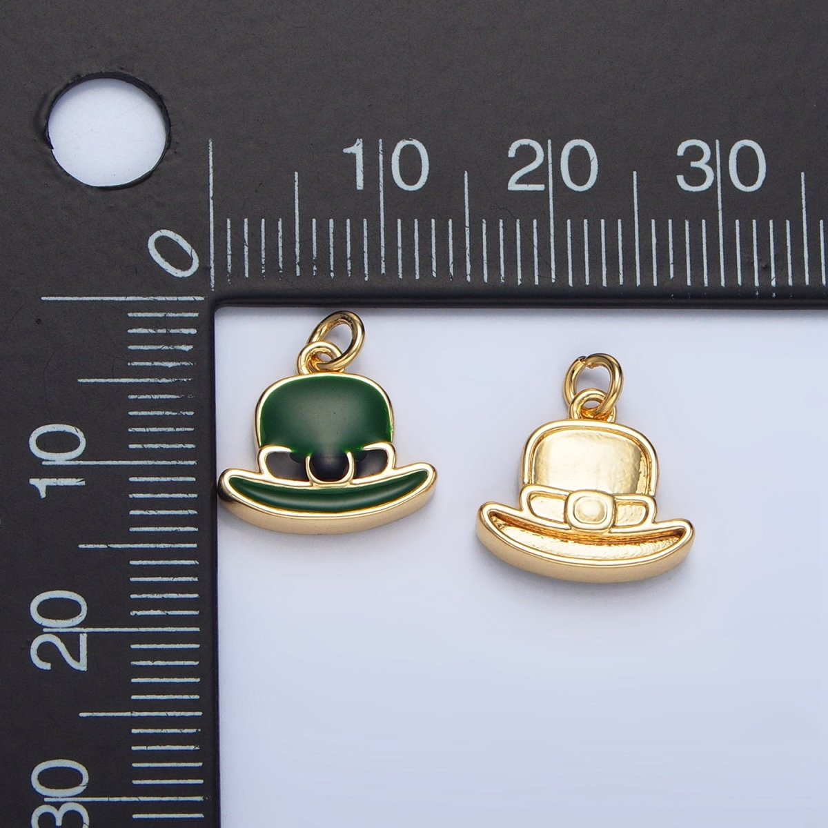 24K Gold Filled Saint Patrick Green Bowler Hat Enamel Charm in Gold & Silver | N1318