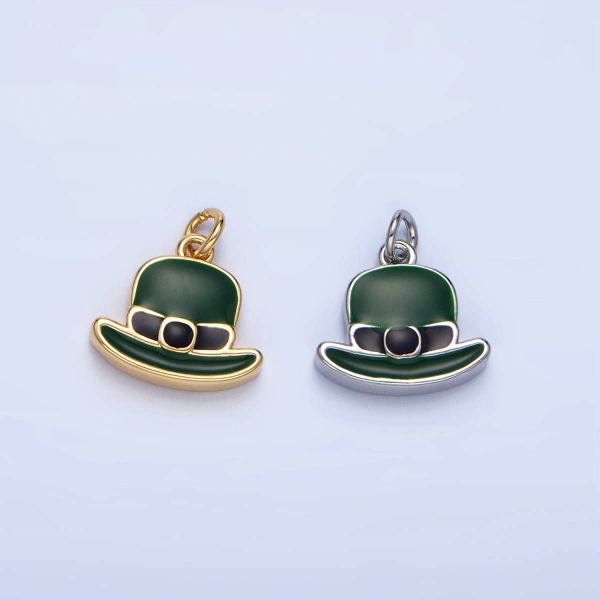 24K Gold Filled Saint Patrick Green Bowler Hat Enamel Charm in Gold & Silver | N1318