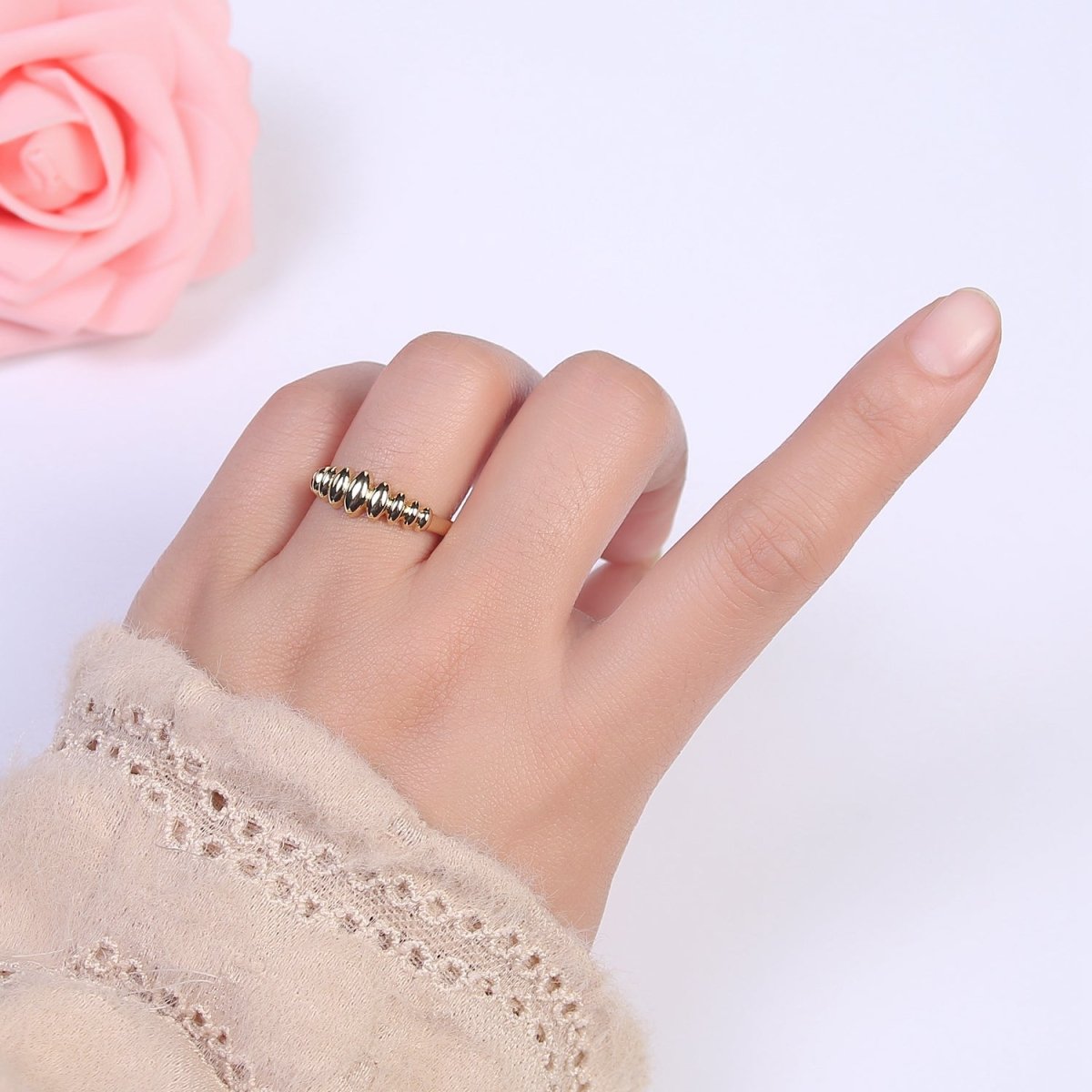 24K Gold Filled Sharp Oval Croissant Ring, Bubble Adjustable Ring in Gold & Silver  S-307 S-308