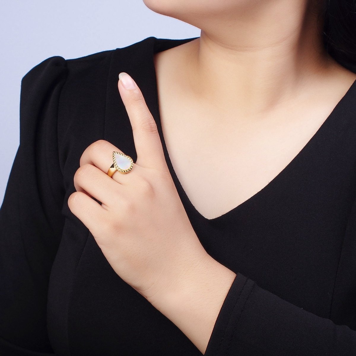 24K Gold Filled Shell Croissant Twist Teardrop Statement Ring | S-238