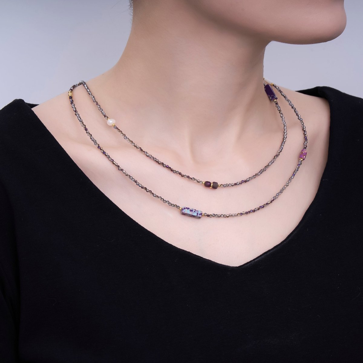 24K Gold Filled Shell Pearl Amethyst Jasper Dark Crystal Gemstone 40 Inches Necklace | WA - 3083 - DLUXCA