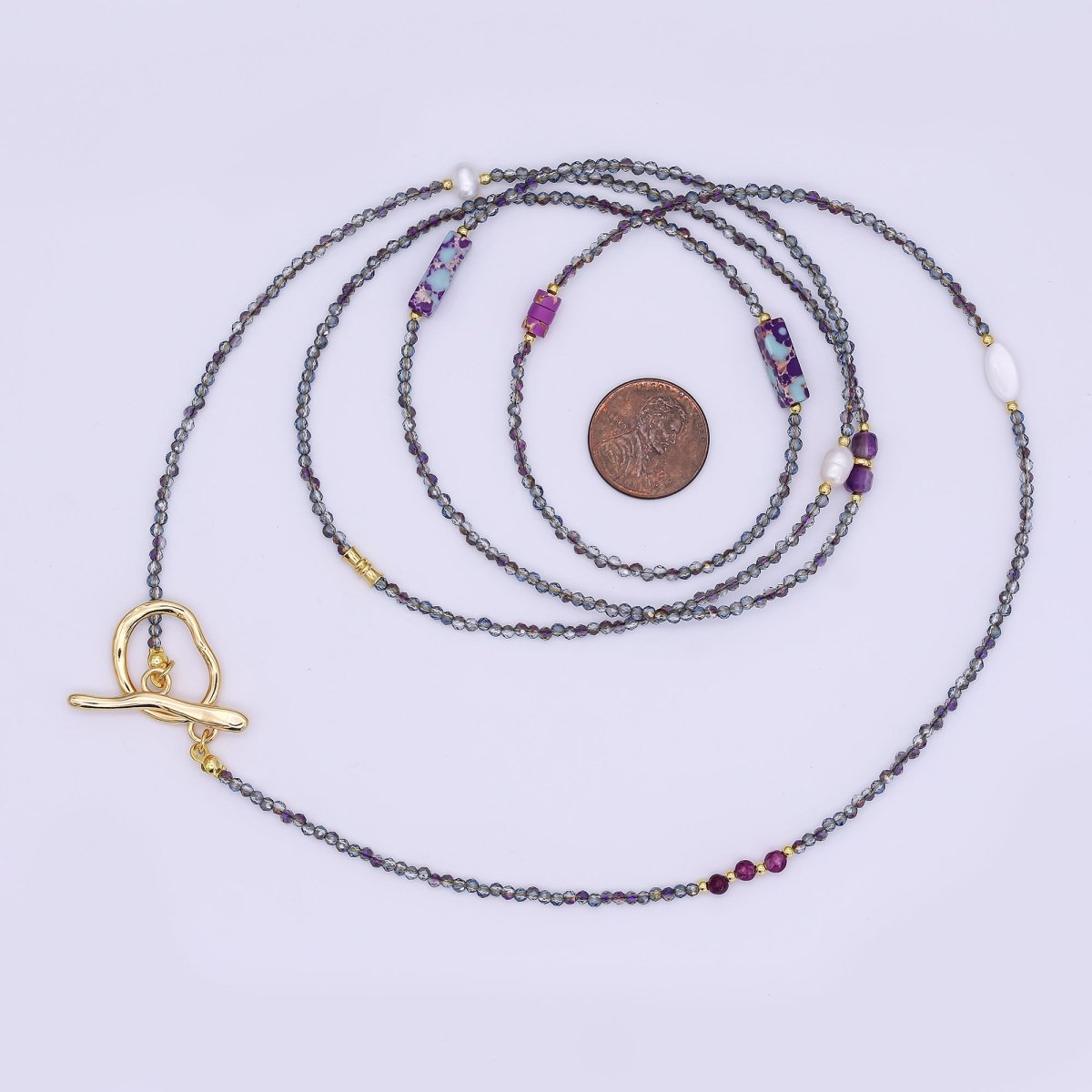24K Gold Filled Shell Pearl Amethyst Jasper Dark Crystal Gemstone 40 Inches Necklace | WA - 3083 - DLUXCA