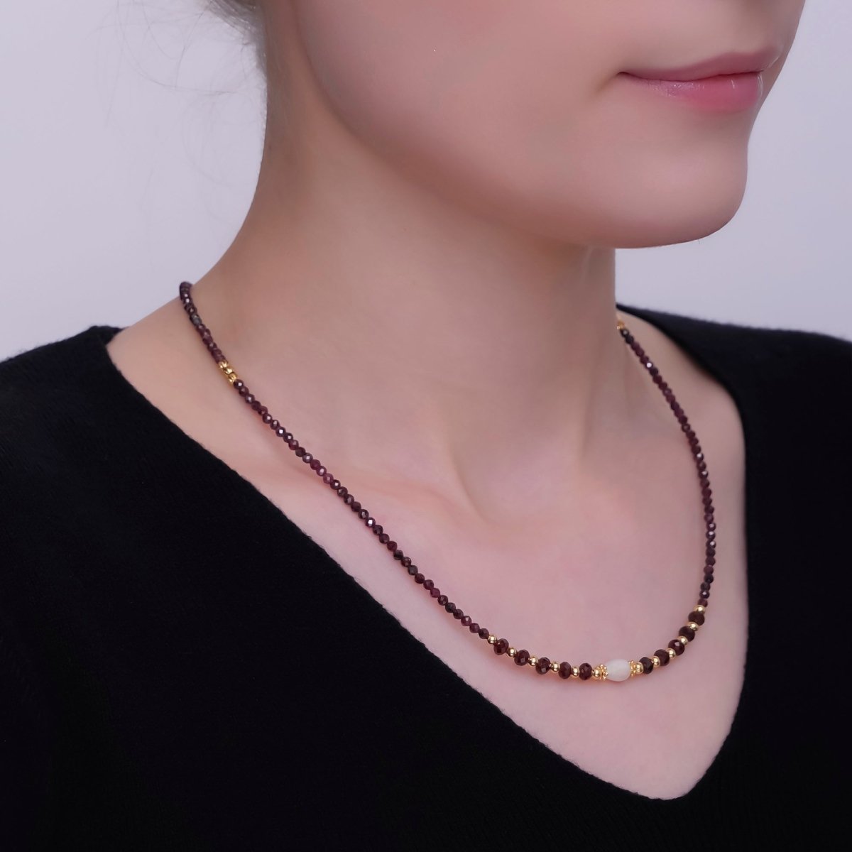 24K Gold Filled Shell Pearl Bead Carnelian Red Multifaceted Crystal Gemstone 18 Inch Necklace | WA - 2878 - DLUXCA