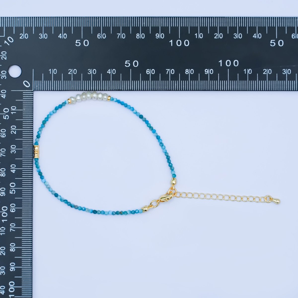 24K Gold Filled Shell Pearl Blue Aquamarine Gemstone 8 Inch Bracelet | WA - 2880 - DLUXCA