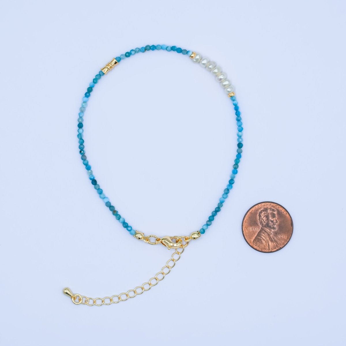 24K Gold Filled Shell Pearl Blue Aquamarine Gemstone 8 Inch Bracelet | WA - 2880 - DLUXCA