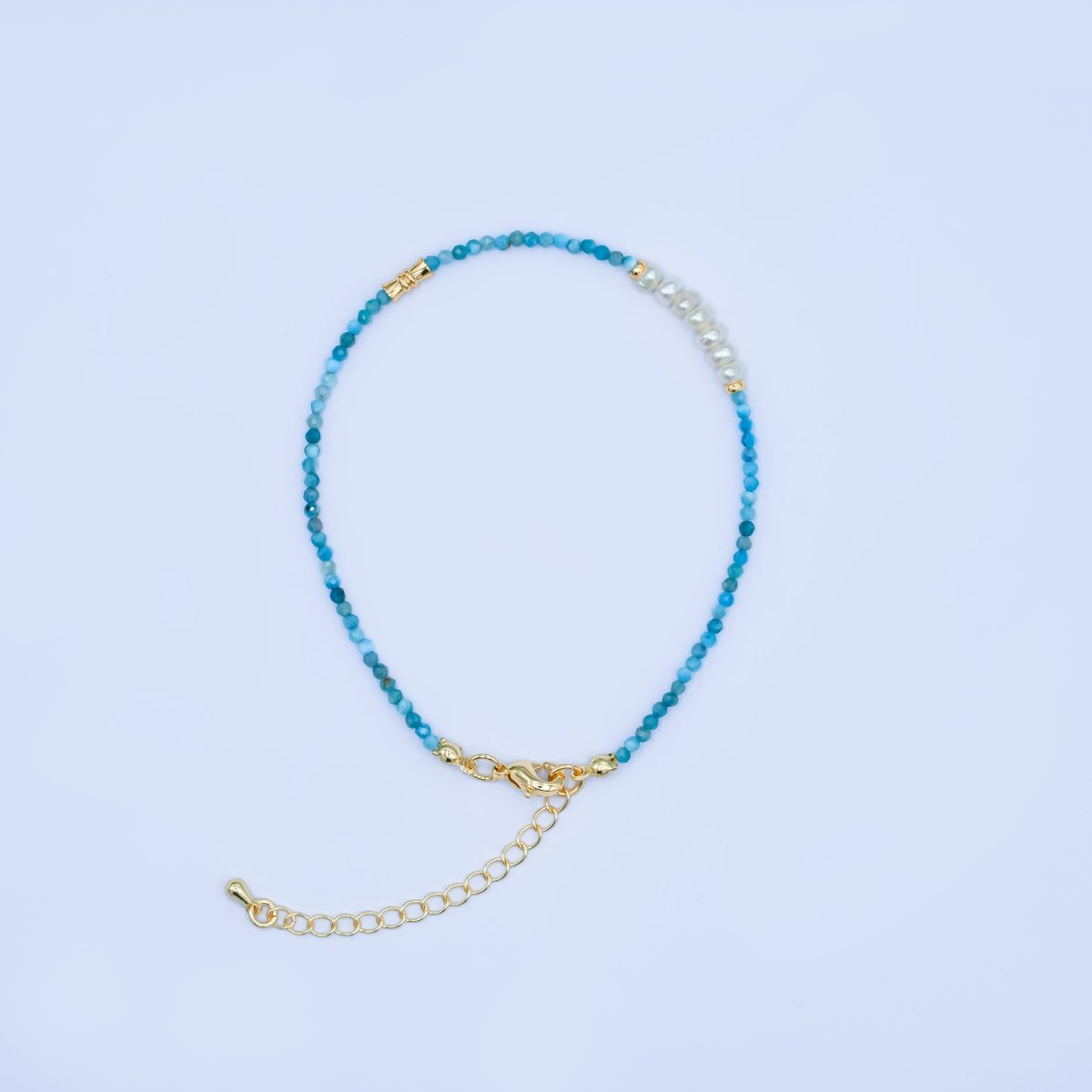 24K Gold Filled Shell Pearl Blue Aquamarine Gemstone 8 Inch Bracelet | WA - 2880 - DLUXCA