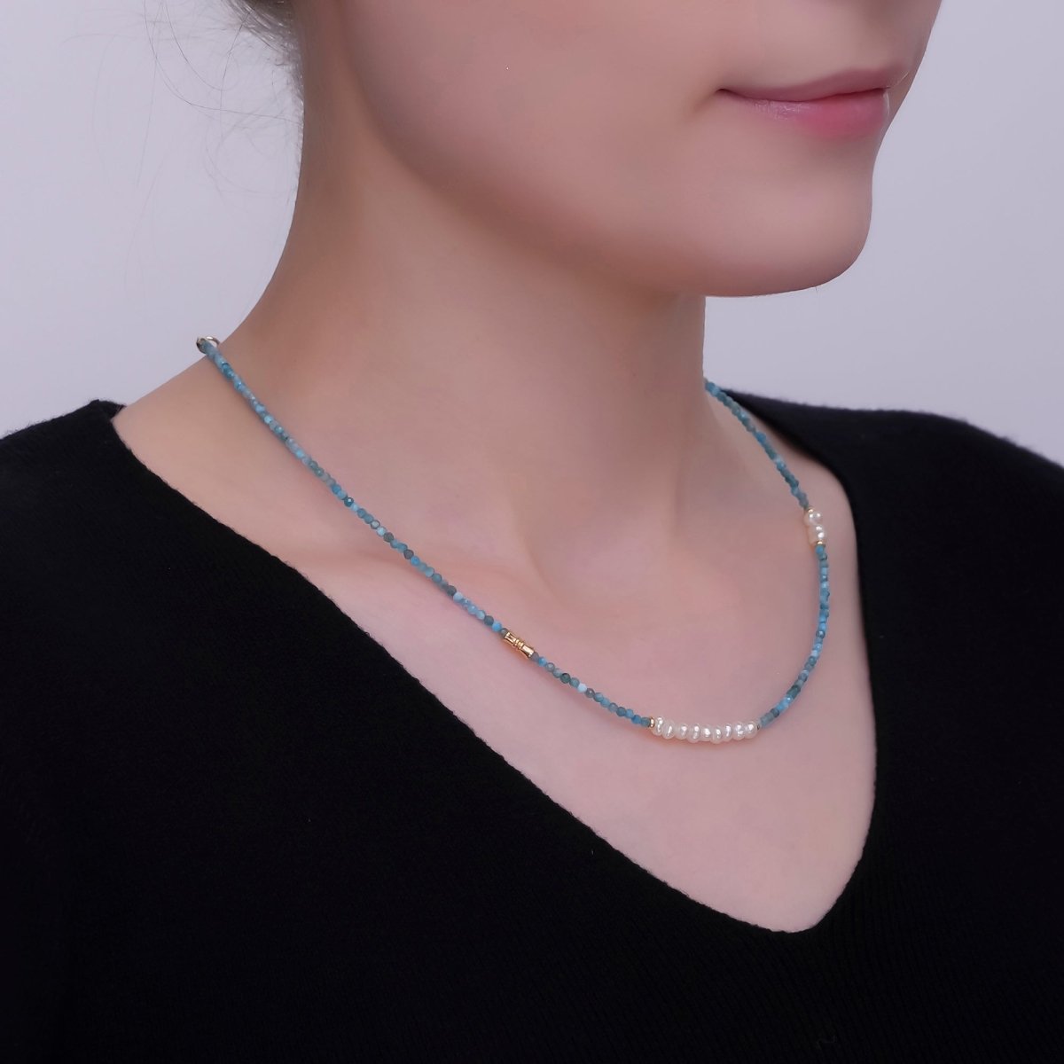 24K Gold Filled Shell Pearl Blue Gemstone Gemstone Bead 17 Inch Necklace | WA - 2866 - DLUXCA