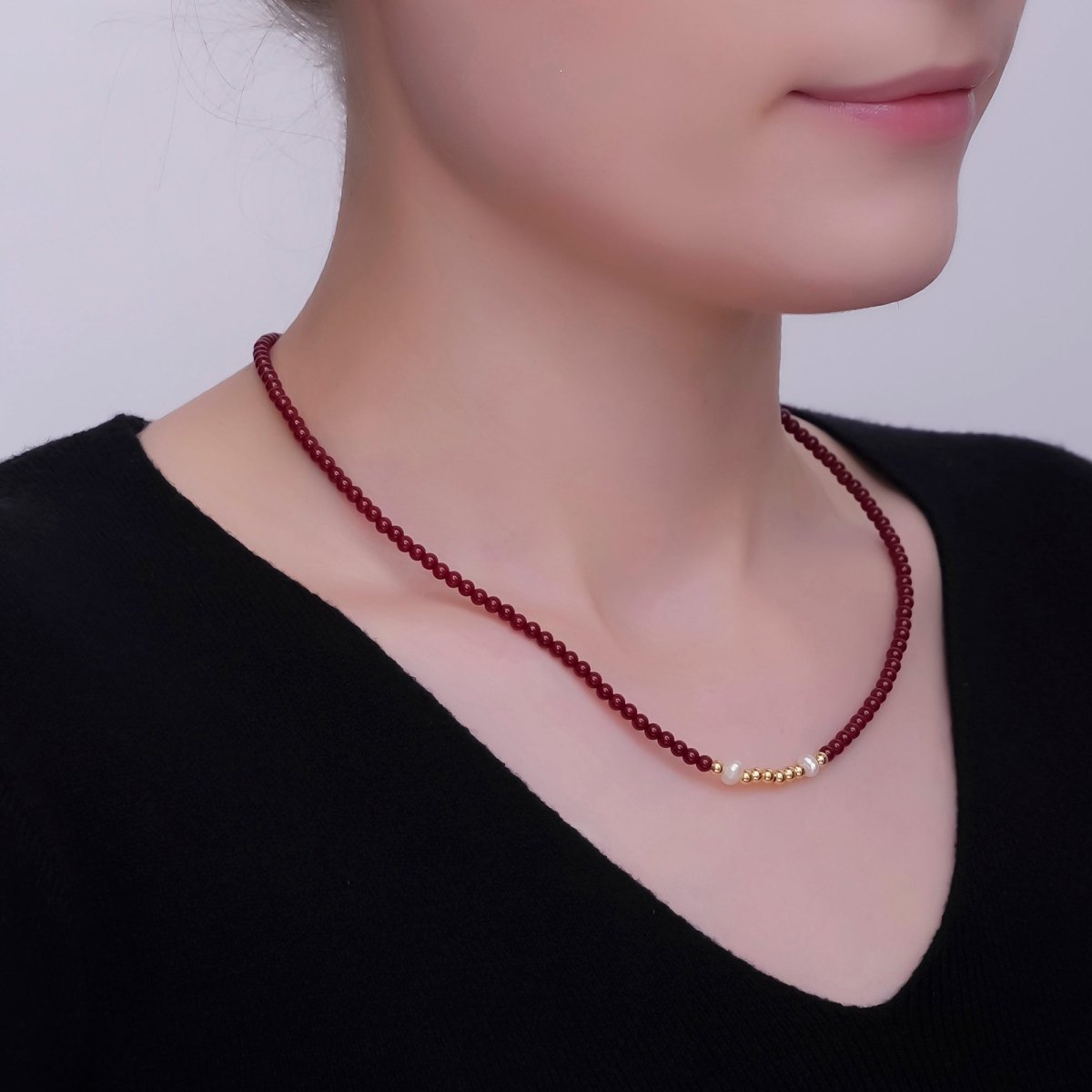 24K Gold Filled Shell Pearl Carnelian Bead Gemstone Gemstone 17 Inch Necklace | WA - 2865 - DLUXCA