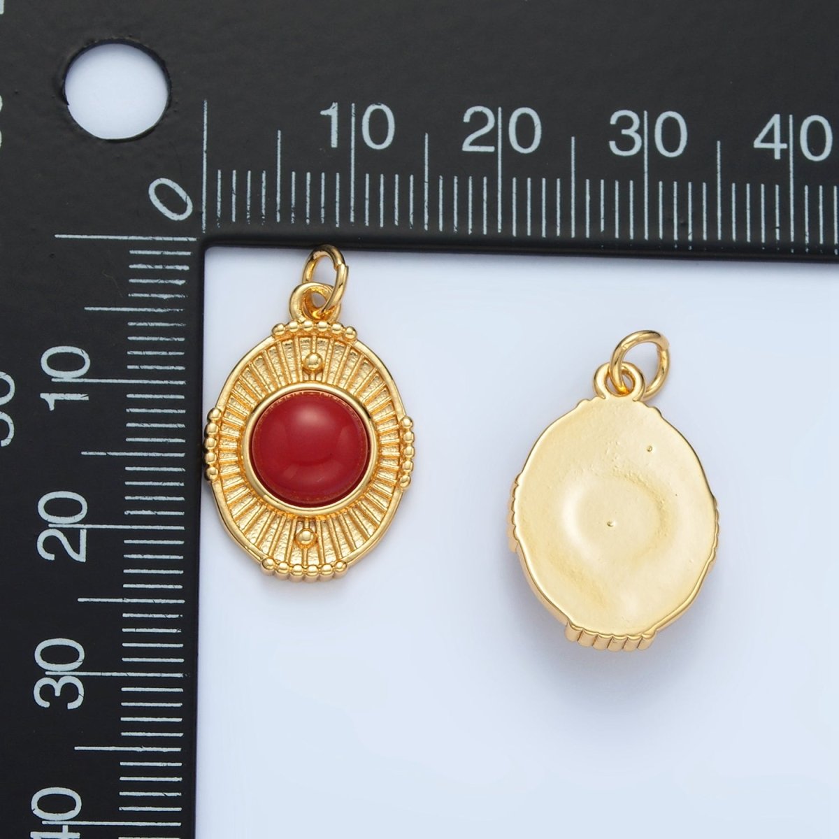 24K Gold Filled Shell Pearl, Carnelian Beaded Sunburst Oval Charm | X594