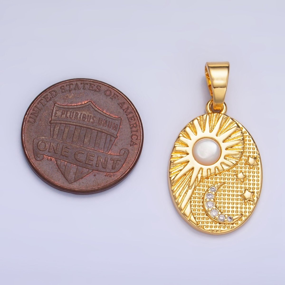 24K Gold Filled Shell Pearl Celestial Moon Star Sun Sunburst Oval Pendant in Gold & Silver | AA1021