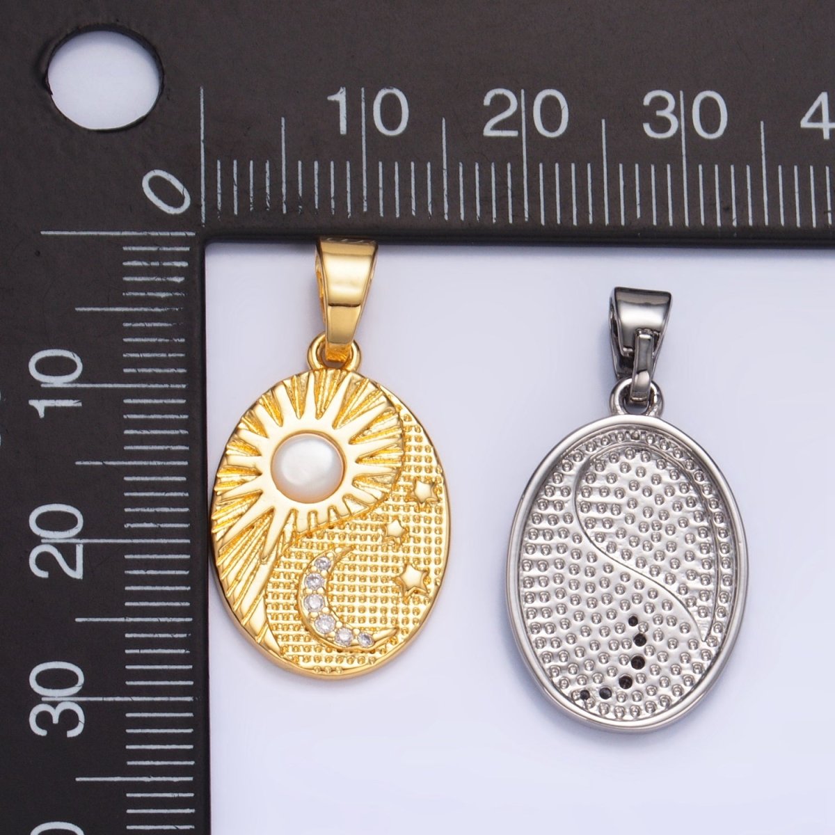 24K Gold Filled Shell Pearl Celestial Moon Star Sun Sunburst Oval Pendant in Gold & Silver | AA1021