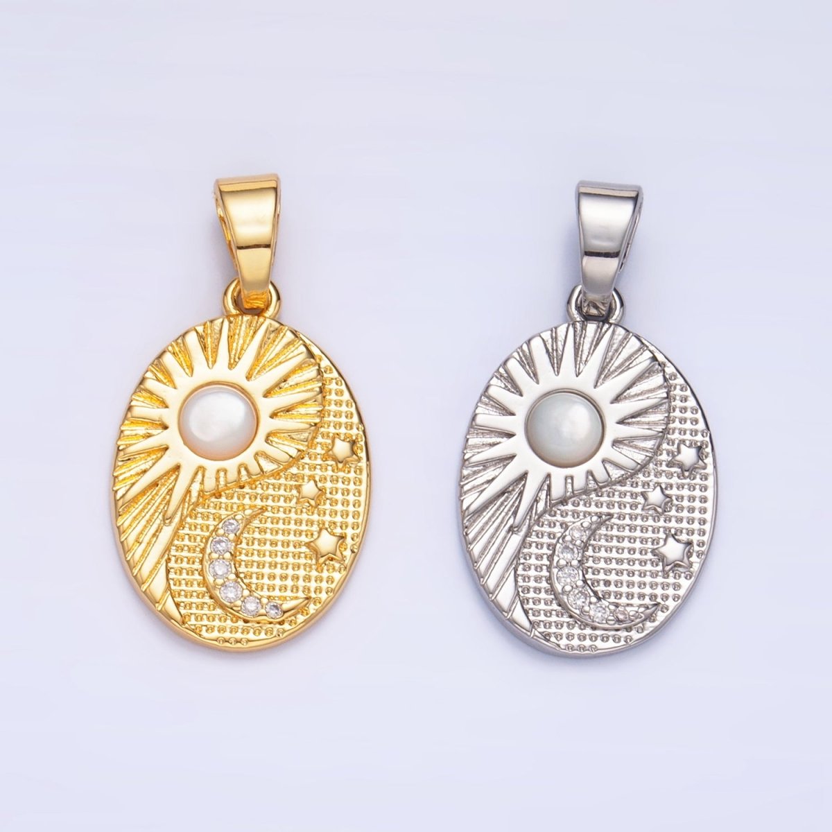 24K Gold Filled Shell Pearl Celestial Moon Star Sun Sunburst Oval Pendant in Gold & Silver | AA1021