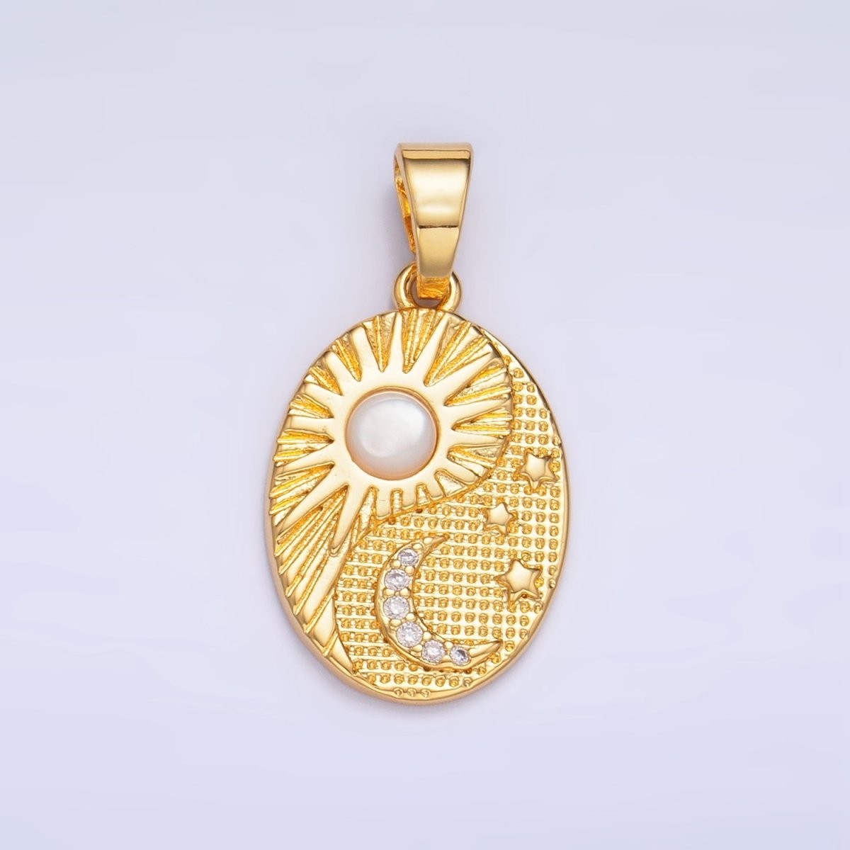 24K Gold Filled Shell Pearl Celestial Moon Star Sun Sunburst Oval Pendant in Gold & Silver | AA1021