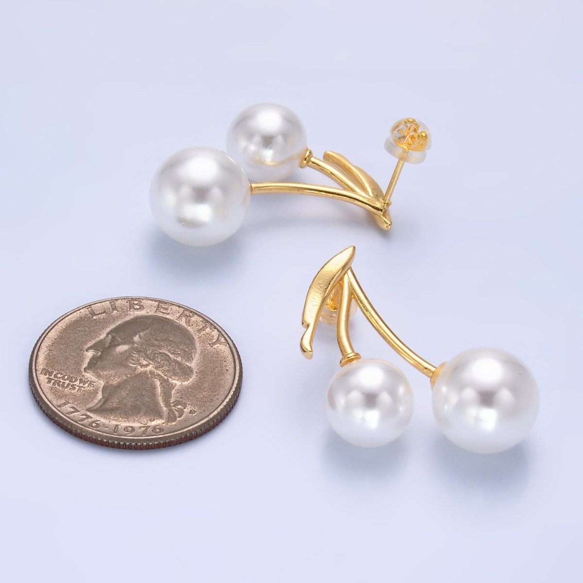 24K Gold Filled Shell Pearl Cherry Fruit Stud Earrings in Gold & Silver | AB868