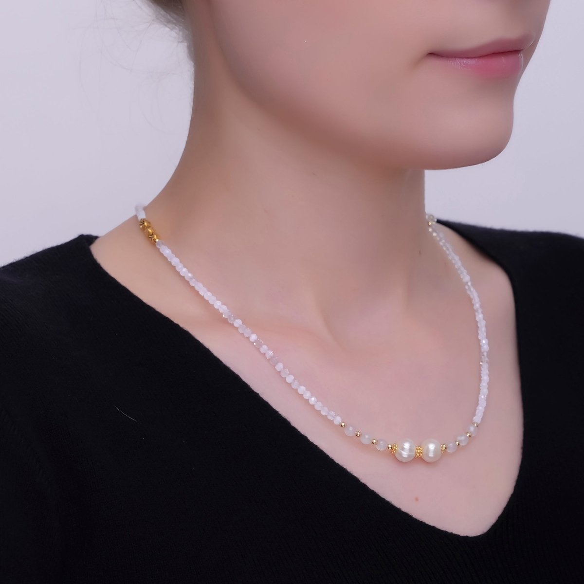 24K Gold Filled Shell Pearl Clear Multifaceted Crystal Gemstone 18 Inch Necklace | WA - 2877 - DLUXCA