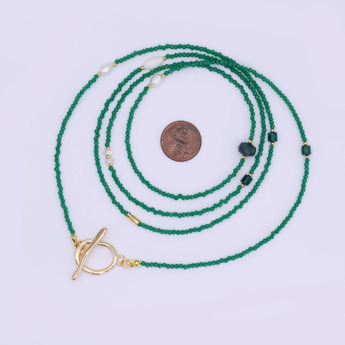 24K Gold Filled Shell Pearl Green Crystal Gemstone 40 Inches Necklace | WA - 3084 - DLUXCA