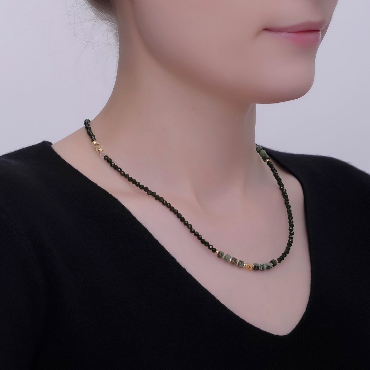 24K Gold Filled Shell Pearl Malachite Green Gemstone Bead 18 Inch Necklace | WA - 2871 - DLUXCA