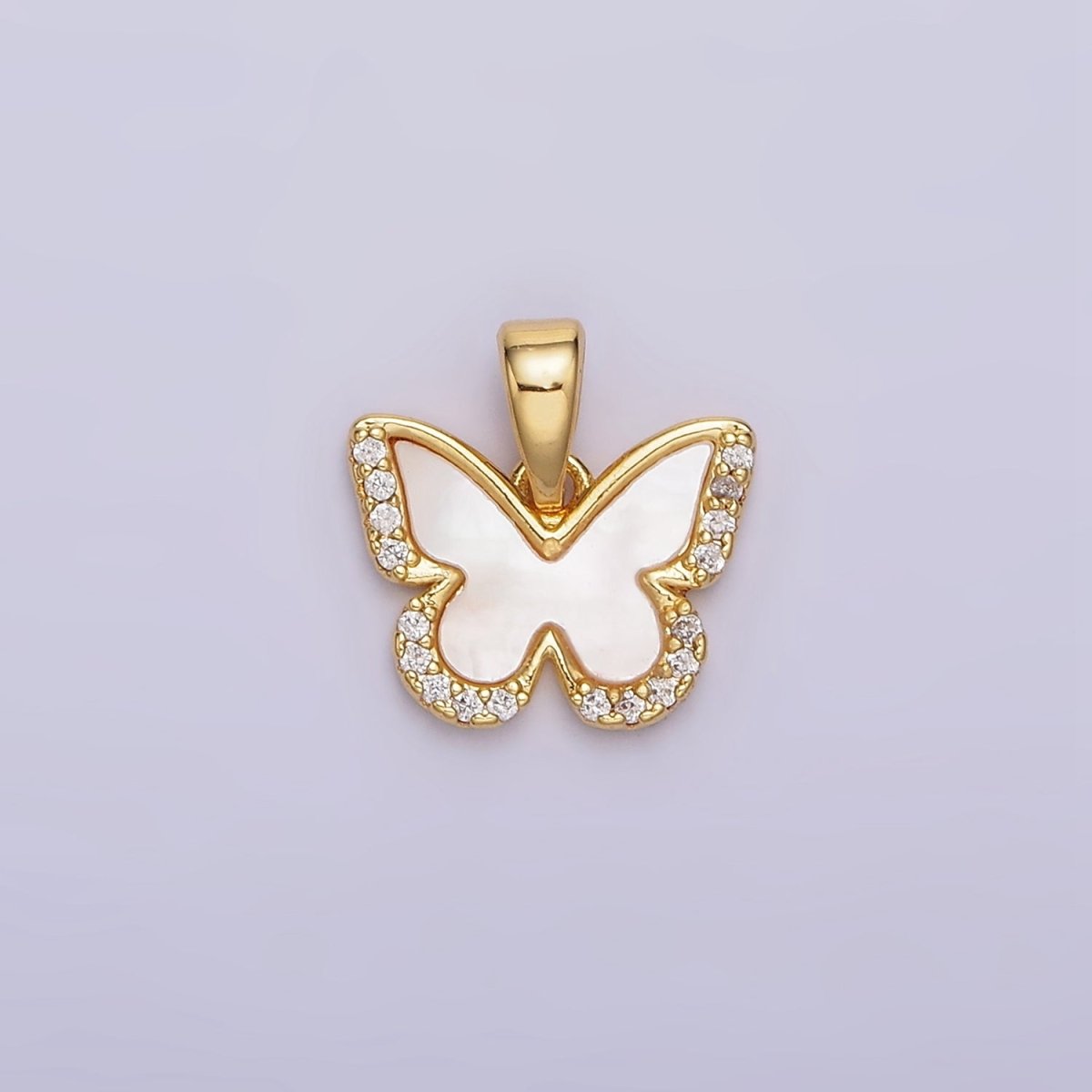 24K Gold Filled Shell Pearl Micro Paved CZ Butterfly Wings Pendant | AA-582 - DLUXCA