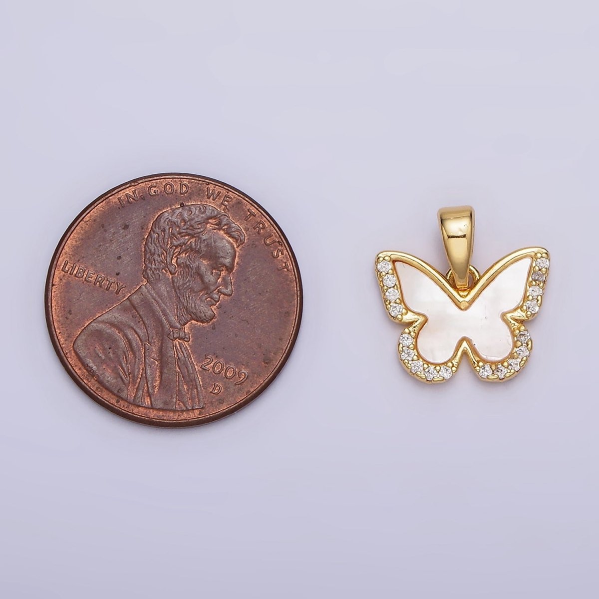 24K Gold Filled Shell Pearl Micro Paved CZ Butterfly Wings Pendant | AA-582 - DLUXCA