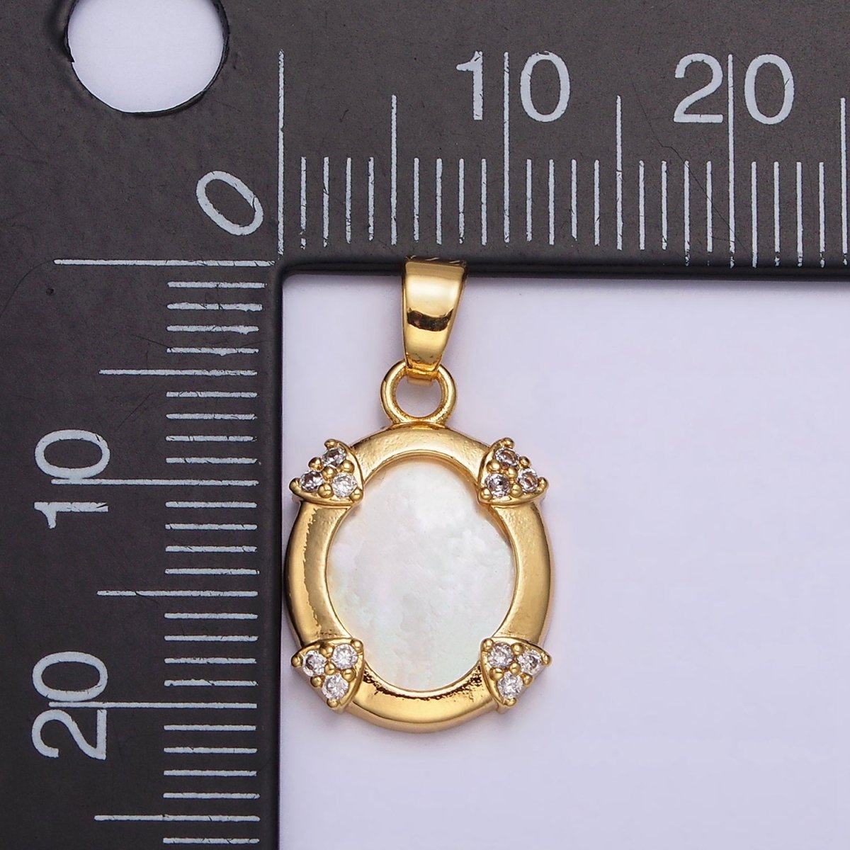 24K Gold Filled Shell Pearl Micro Paved CZ Clip Frame Oval Pendant | AA578 - DLUXCA
