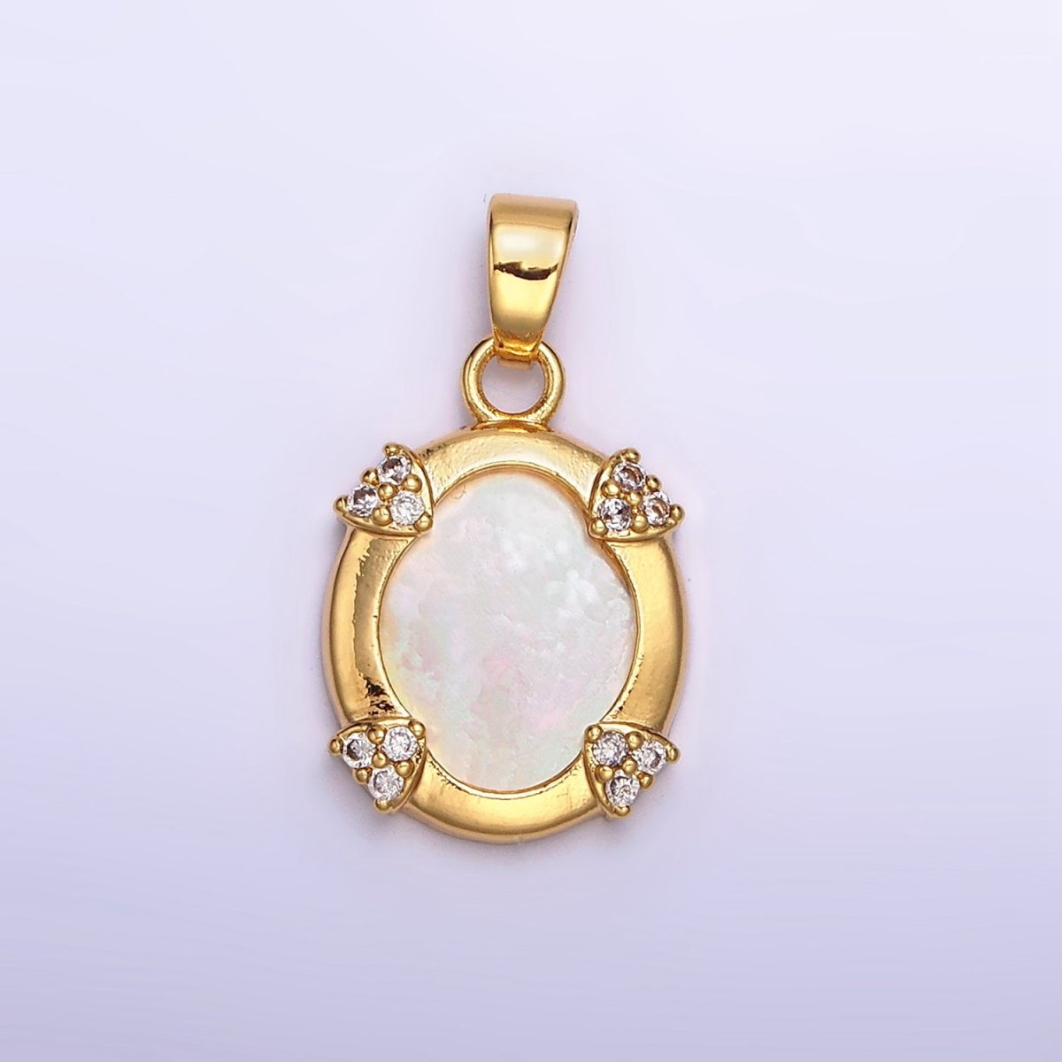 24K Gold Filled Shell Pearl Micro Paved CZ Clip Frame Oval Pendant | AA578 - DLUXCA