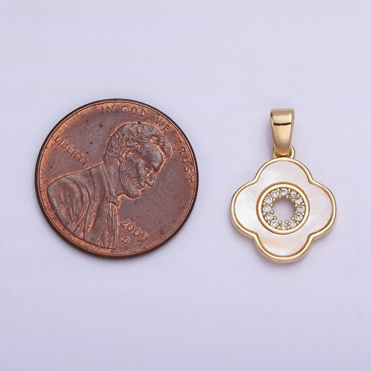 24K Gold Filled Shell Pearl Micro Paved CZ Open Quatrefoil Pendant | AA575 - DLUXCA