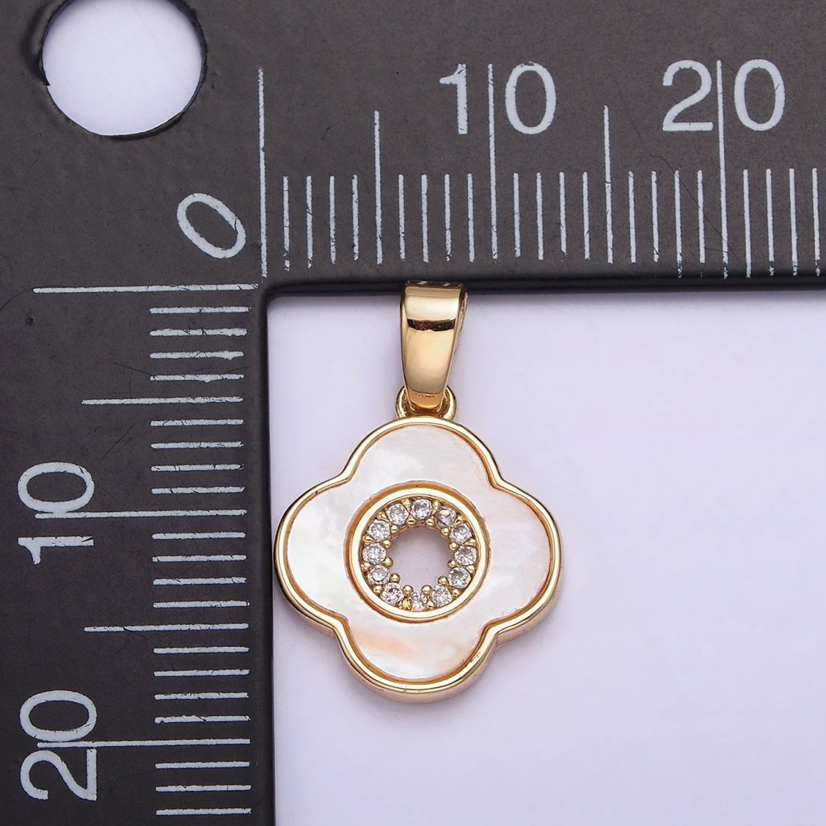 24K Gold Filled Shell Pearl Micro Paved CZ Open Quatrefoil Pendant | AA575 - DLUXCA
