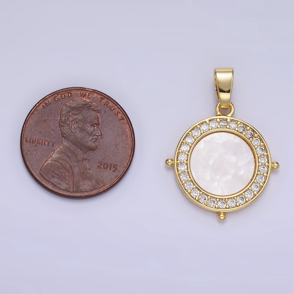 24K Gold Filled Shell Pearl Micro Paved CZ Round Pendant | AA1340 - DLUXCA