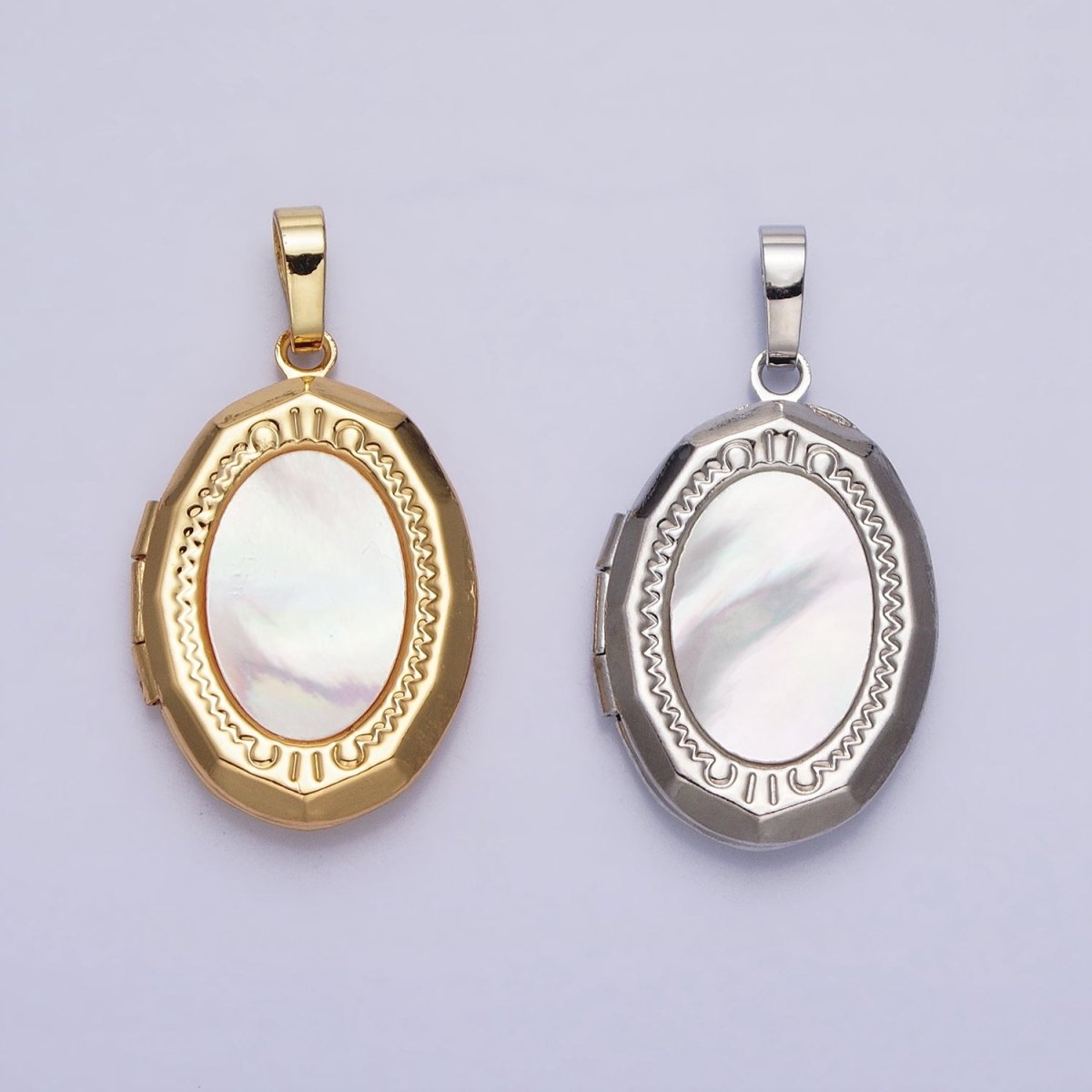 24K Gold Filled Shell Pearl Oval Geometric Engraved Locket in Gold & Silver | AA-367 AA-368