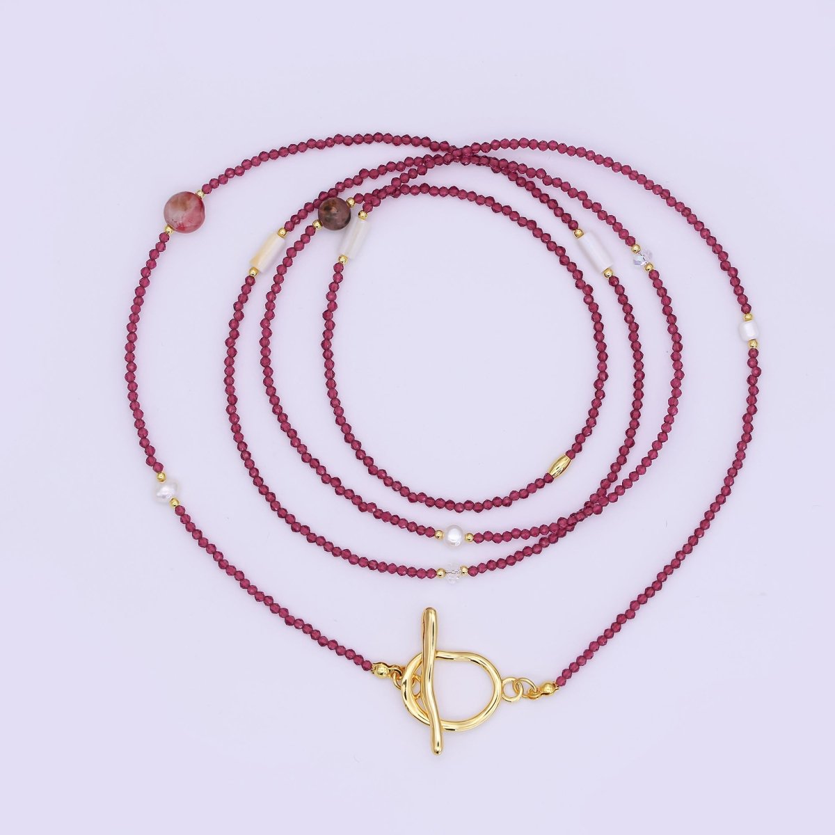 24K Gold Filled Shell Pearl Red Crystal Gemstone 40 Inches Necklace | WA - 3075 - DLUXCA