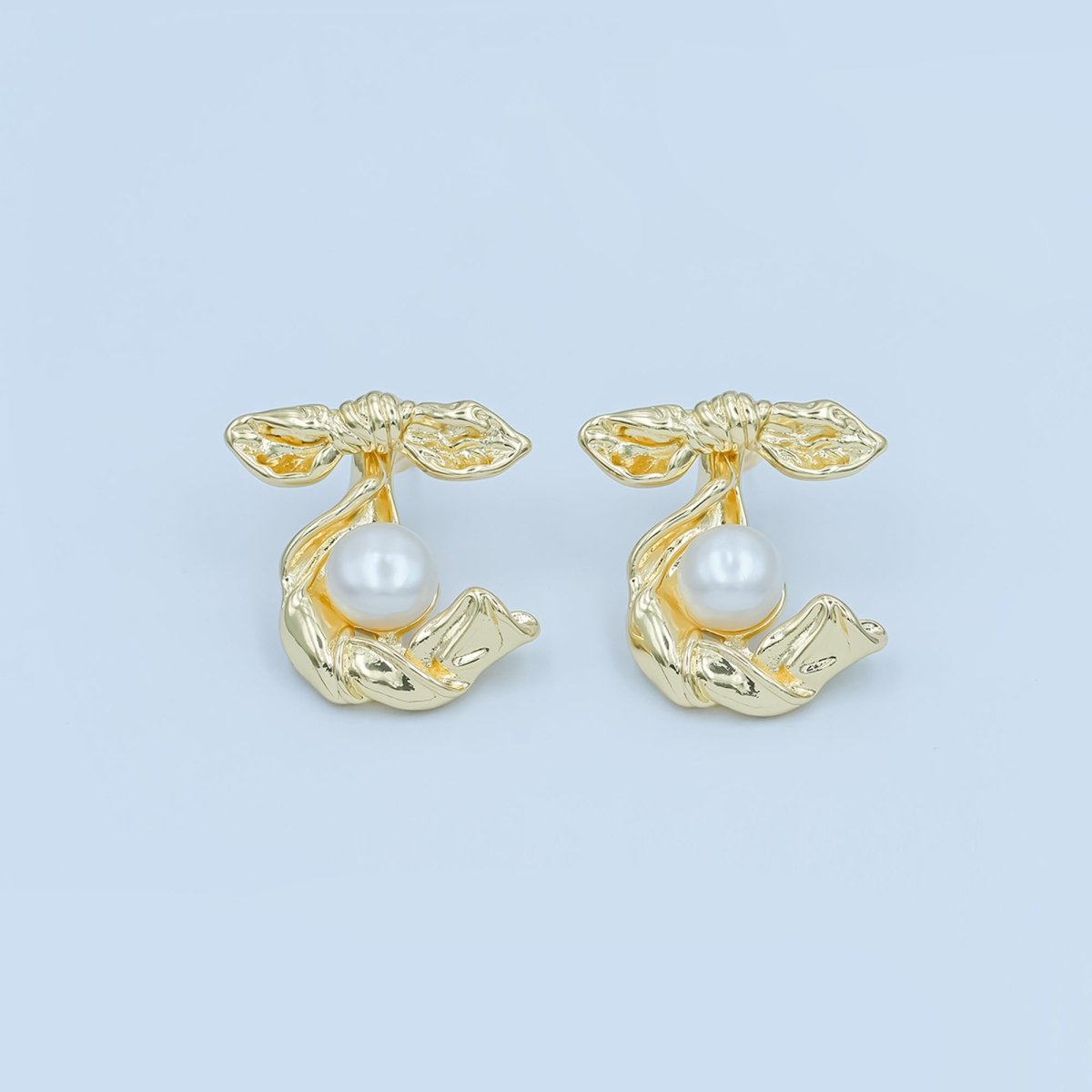 24K Gold Filled Shell Pearl Ribbon Bow Drop Stud Earrings | AD363 - DLUXCA