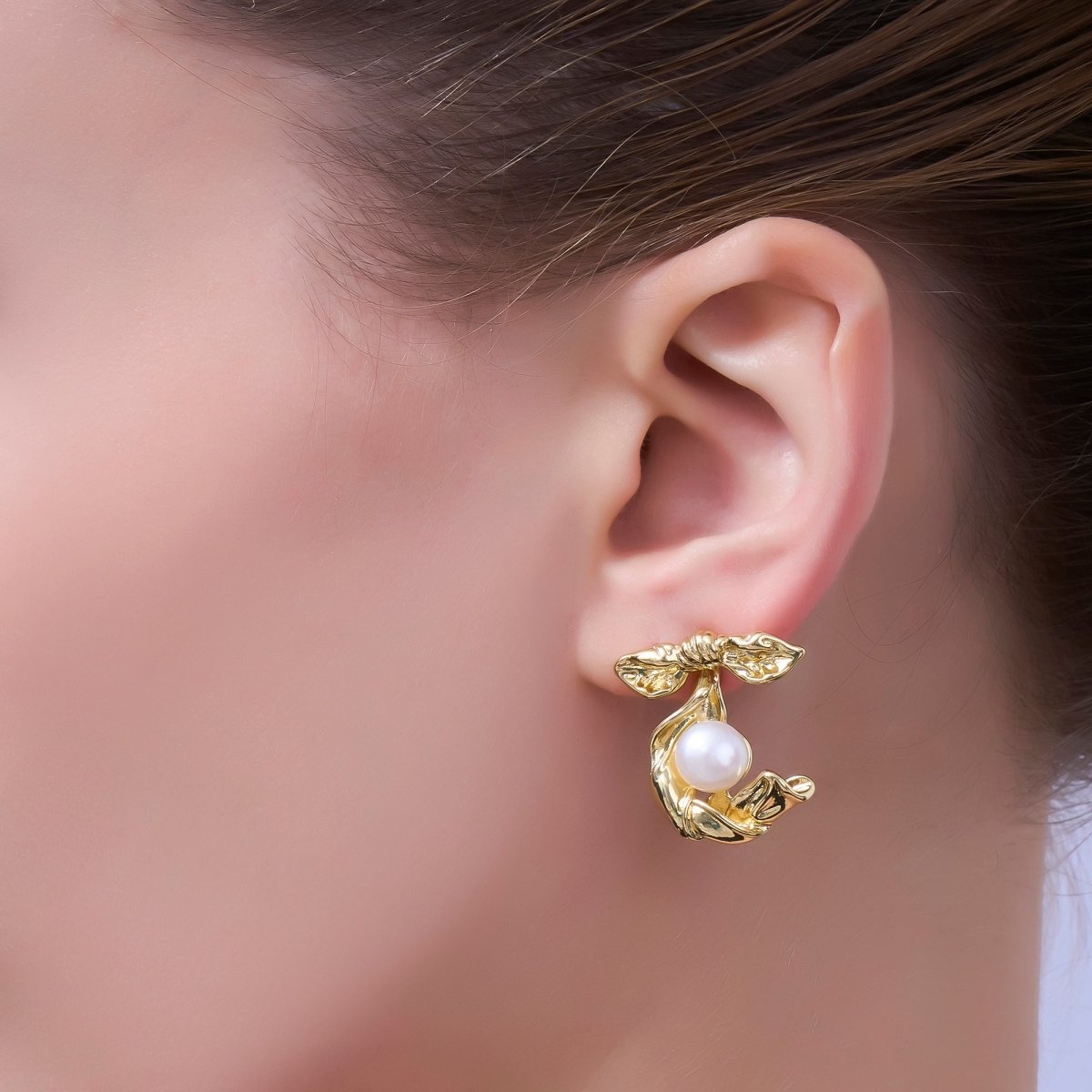 24K Gold Filled Shell Pearl Ribbon Bow Drop Stud Earrings | AD363 - DLUXCA