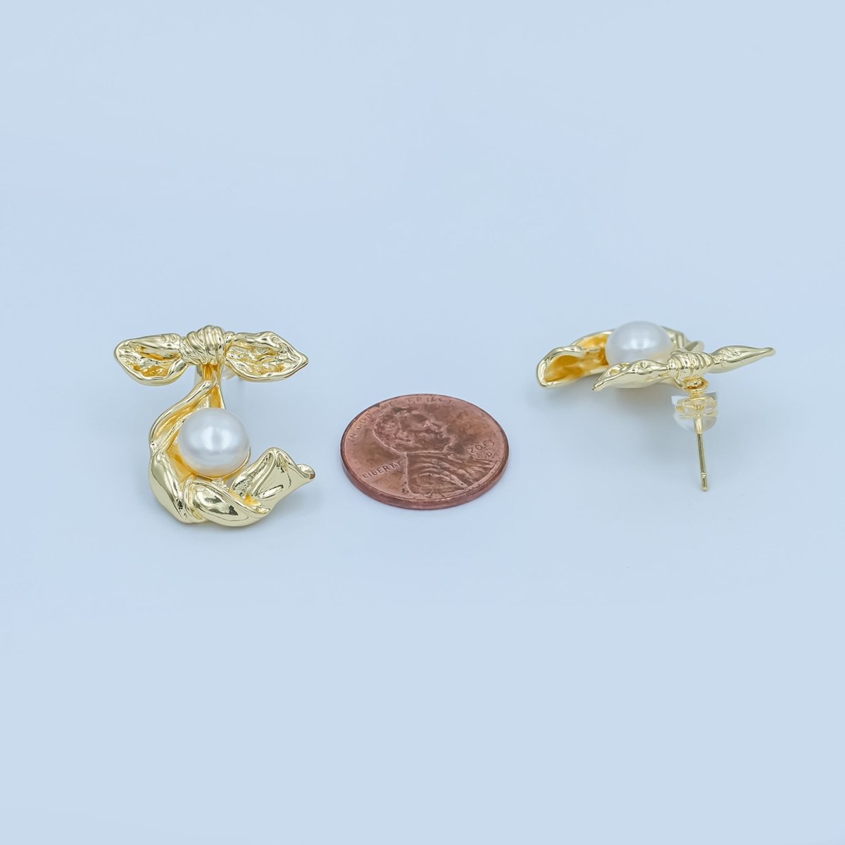 24K Gold Filled Shell Pearl Ribbon Bow Drop Stud Earrings | AD363 - DLUXCA