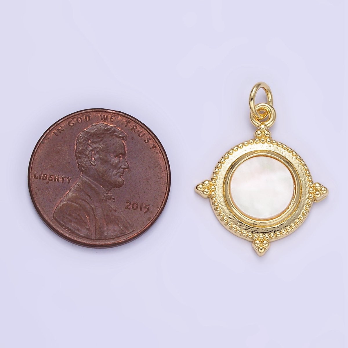 24K Gold Filled Shell Pearl Spiked Dotted Round Charm | E366 - DLUXCA