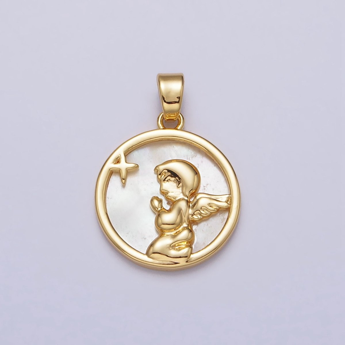 24K Gold Filled Shell Pearl Star Cherub Baby Angel Round Pendant | AA112 - DLUXCA
