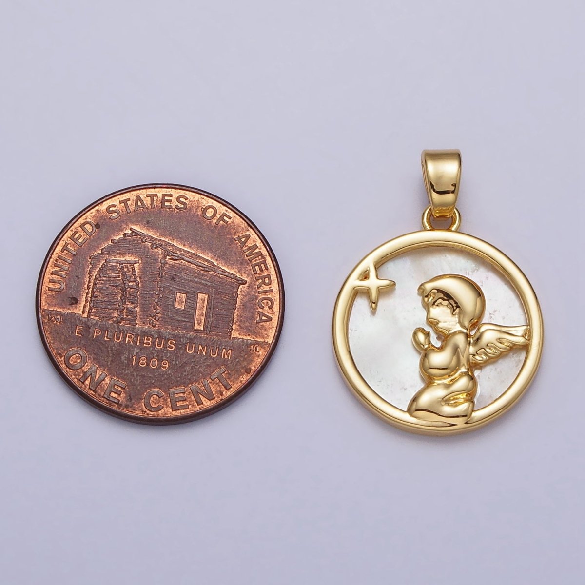 24K Gold Filled Shell Pearl Star Cherub Baby Angel Round Pendant | AA112 - DLUXCA