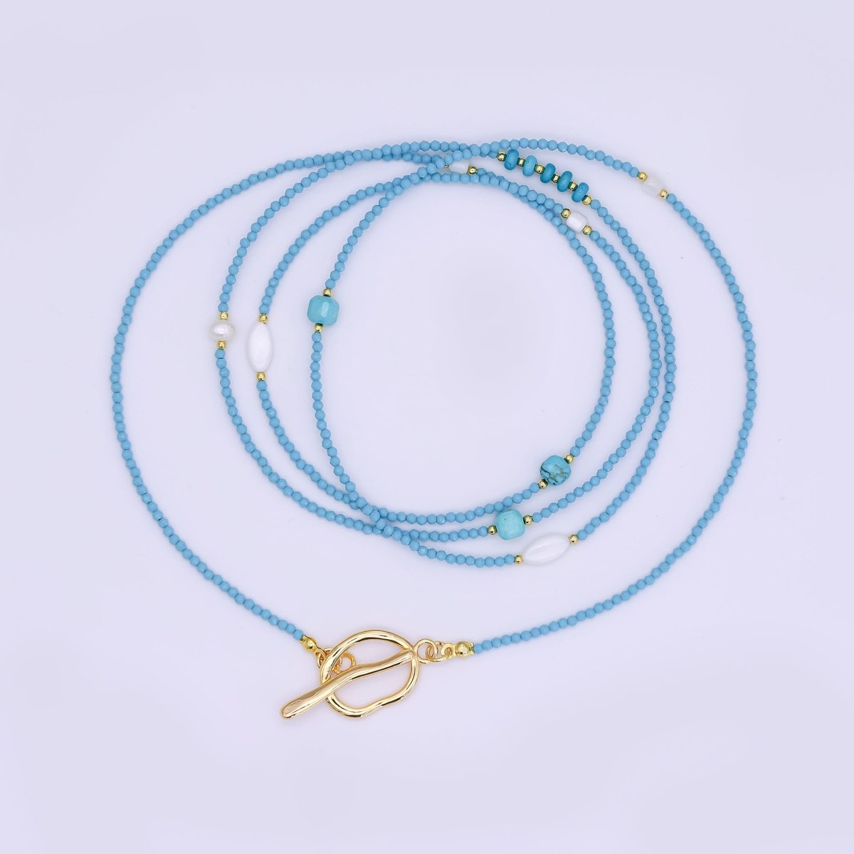 24K Gold Filled Shell Pearl Turquoise Blue Multifaceted Gemstone 40 Inches Necklace | WA - 3080 - DLUXCA