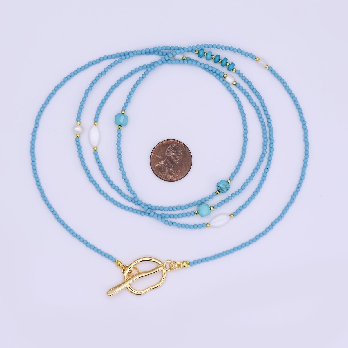 24K Gold Filled Shell Pearl Turquoise Blue Multifaceted Gemstone 40 Inches Necklace | WA - 3080 - DLUXCA