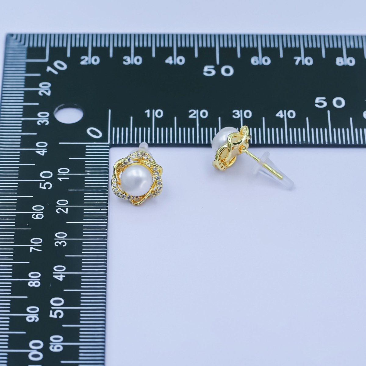 24K Gold Filled Shell Pearl Wave Micro Paved Stud Earrings | AB1103 - DLUXCA