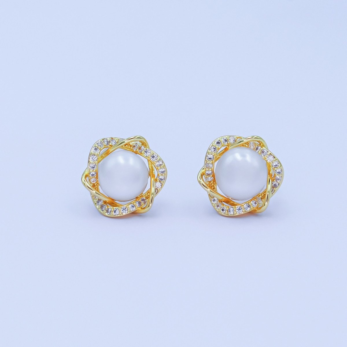 24K Gold Filled Shell Pearl Wave Micro Paved Stud Earrings | AB1103 - DLUXCA