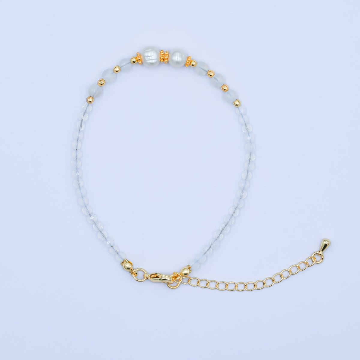 24K Gold Filled Shell Pearl White Crystal Gemstone 7.5 Inch Bracelet | WA - 2891 - DLUXCA