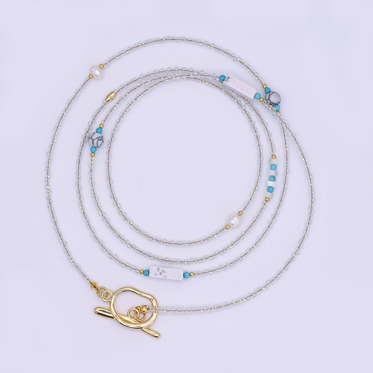 24K Gold Filled Shell Pearl White Howlite Clear Crystal Gemstone 40 Inches Necklace | WA - 3078 - DLUXCA