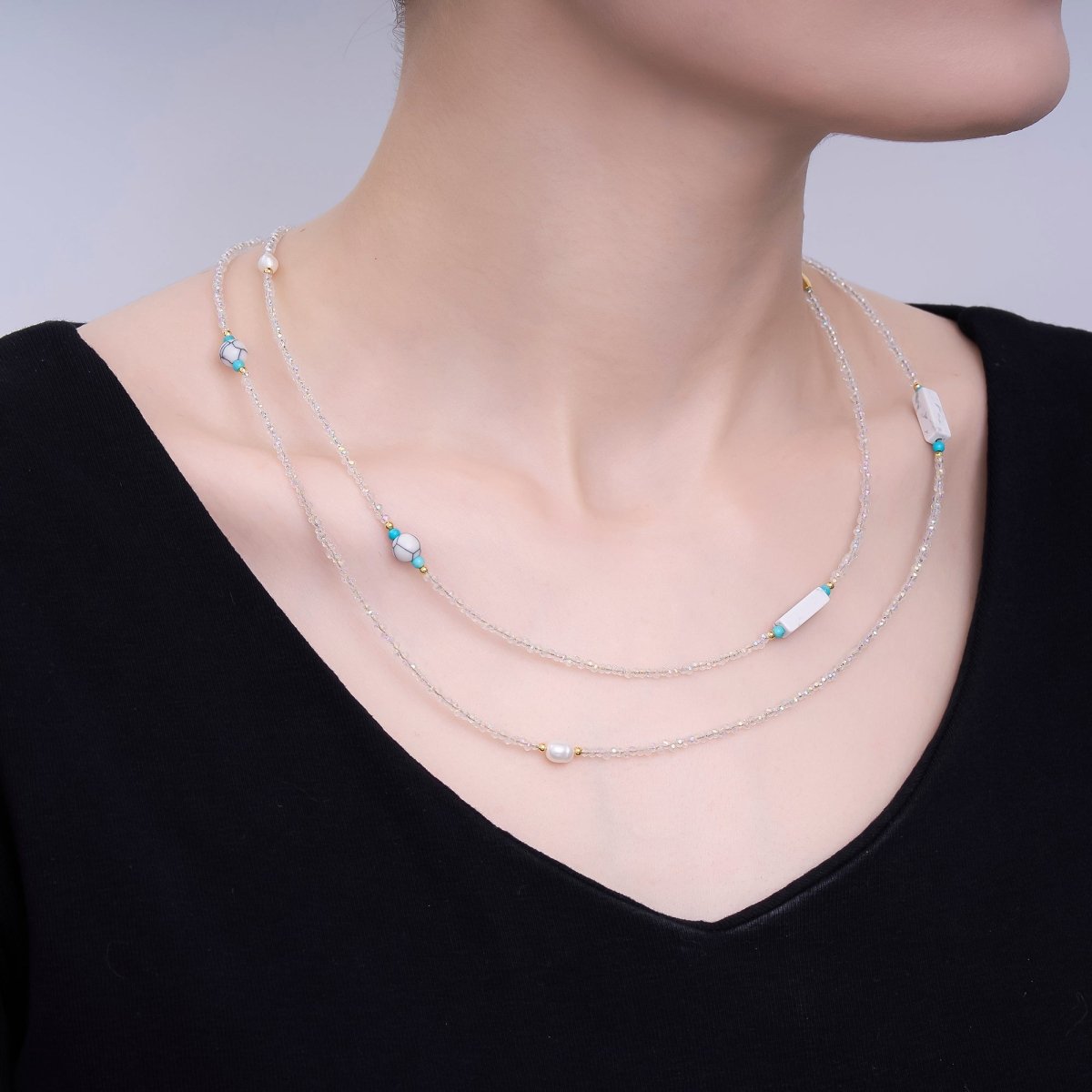 24K Gold Filled Shell Pearl White Howlite Clear Crystal Gemstone 40 Inches Necklace | WA - 3078 - DLUXCA