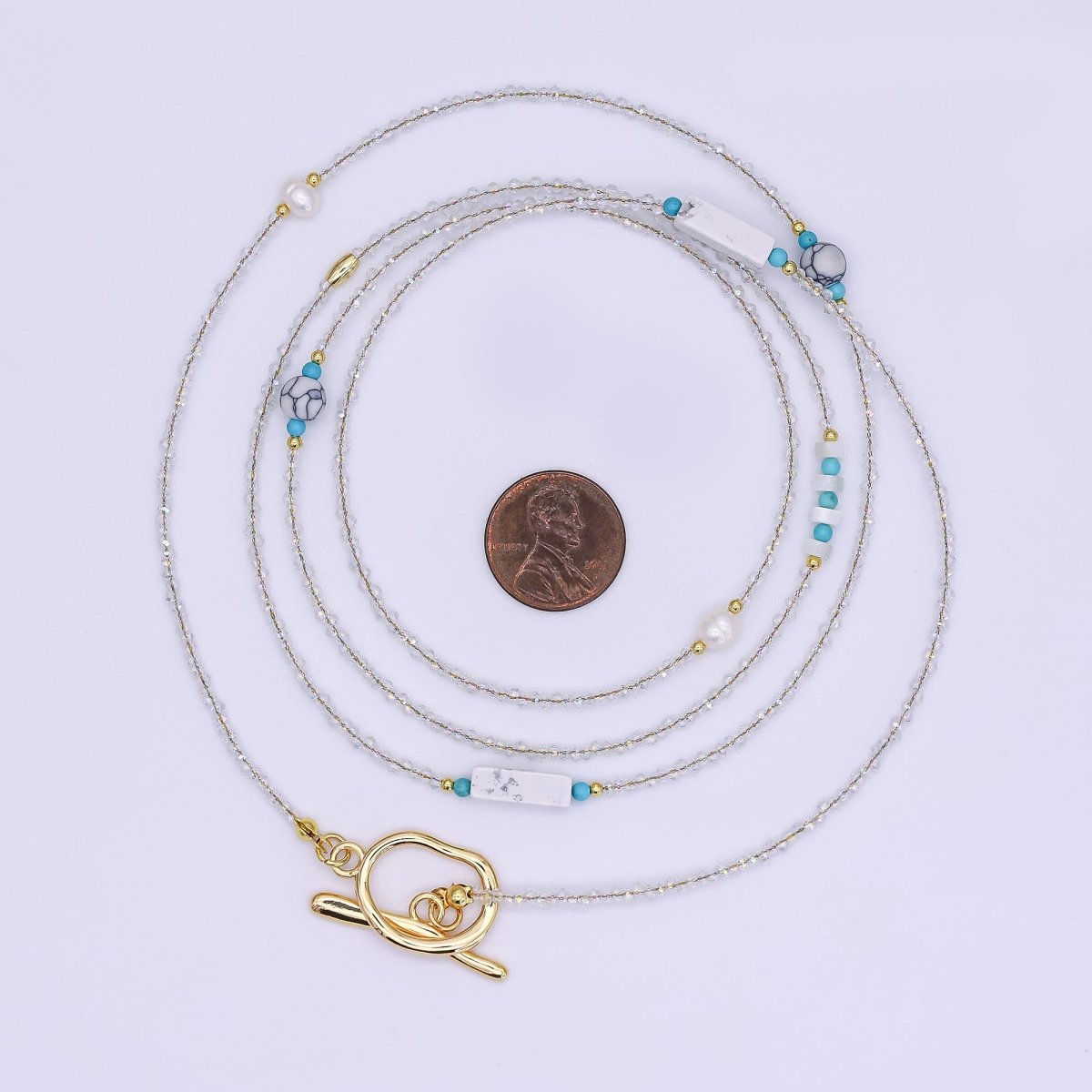 24K Gold Filled Shell Pearl White Howlite Clear Crystal Gemstone 40 Inches Necklace | WA - 3078 - DLUXCA